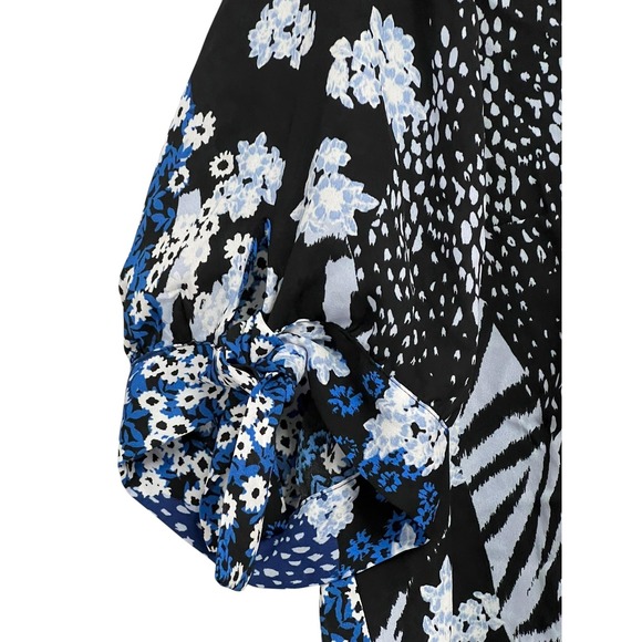 Investments Blouse Womens XL Blue Mixed Floral Zebra Button Front‎ Tie Sleeve - Picture 7 of 14